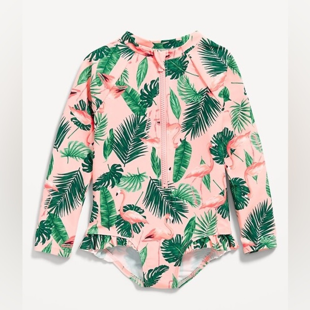 Old Navy Pink & Green Tropical Flamingo Kids Rashguard